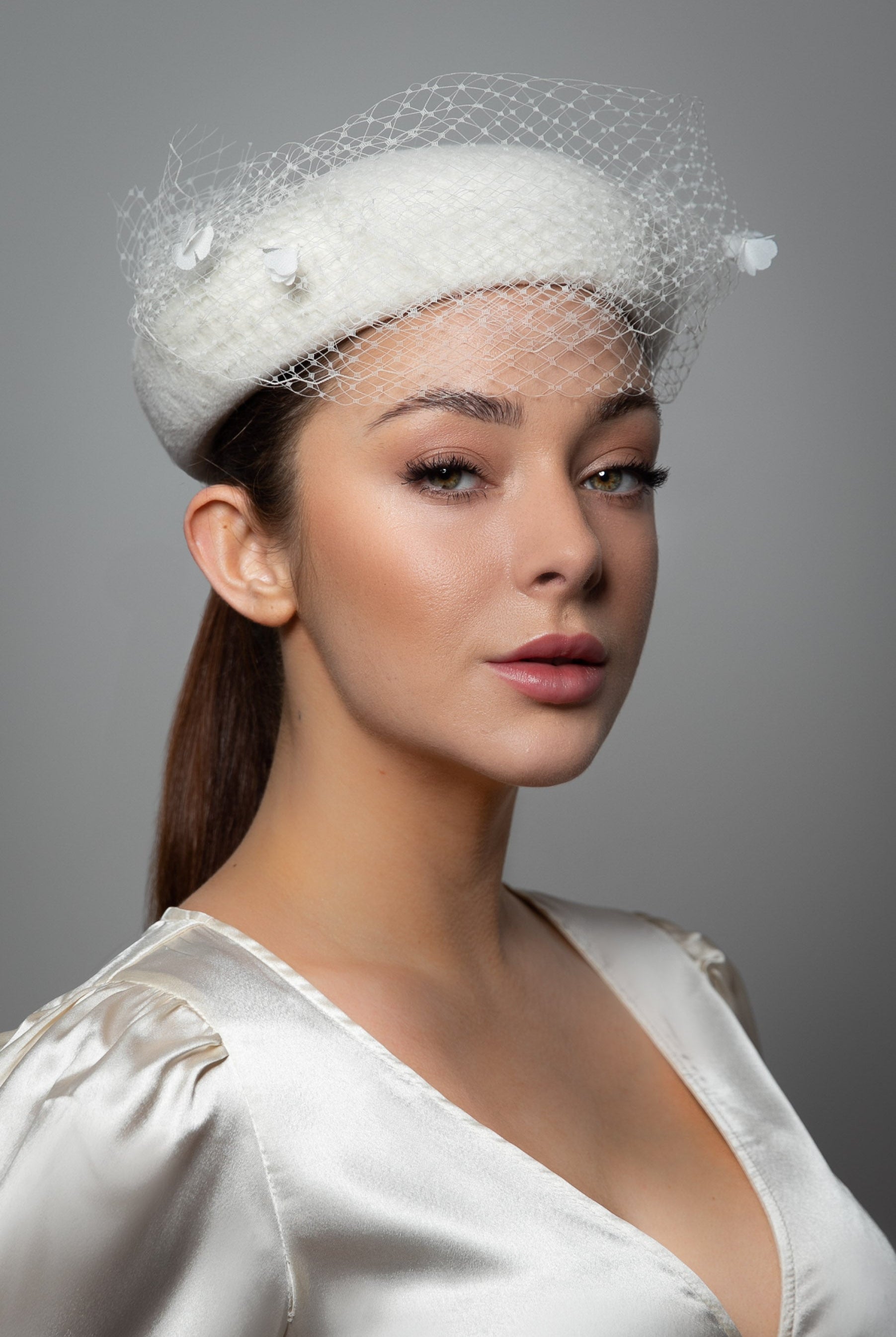 Shaped Pillbox Hat with Veil - Rosa - Maggie Mowbray Millinery