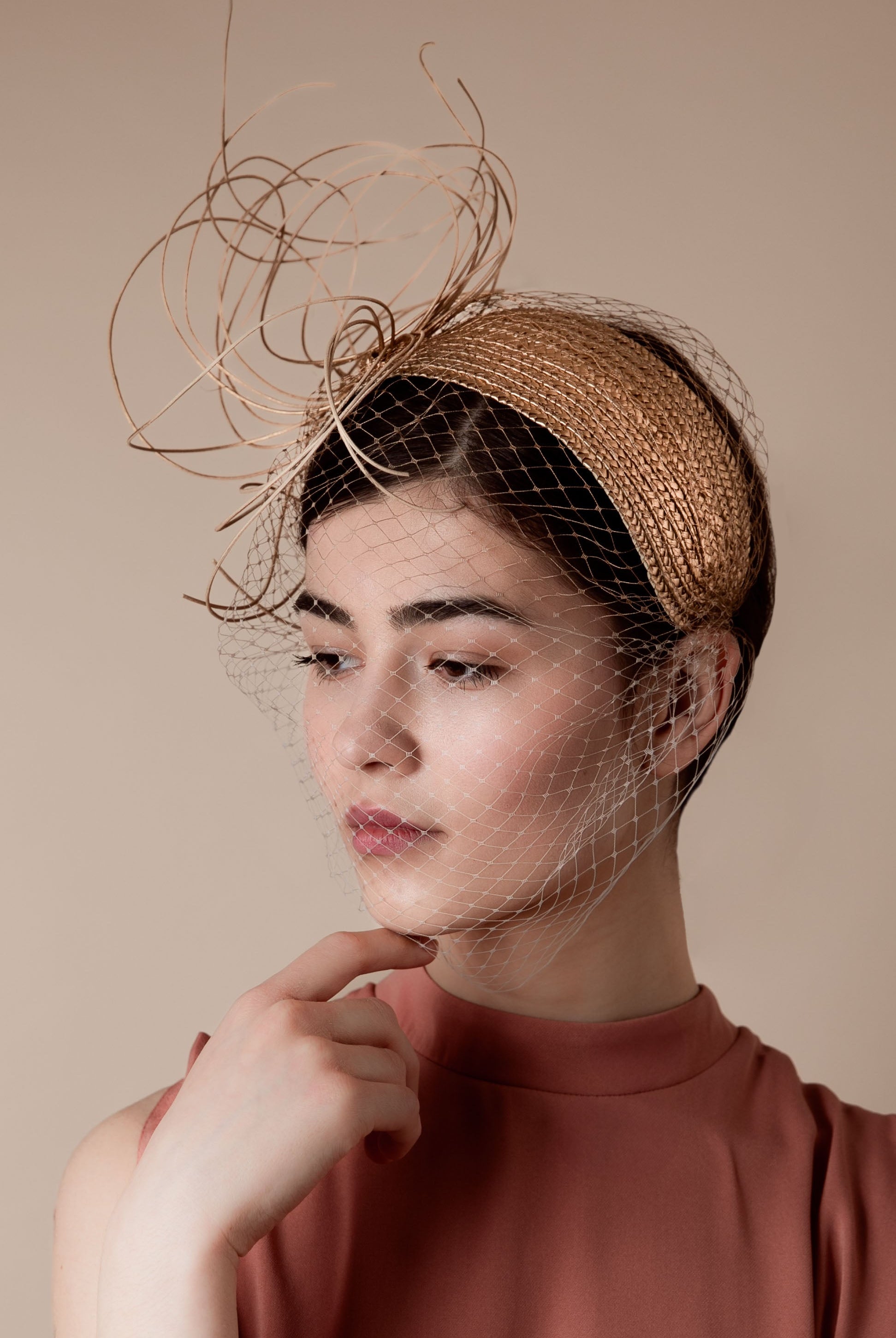 Gold Straw Veiled Hedband - Orcadia - Maggie Mowbray Millinery
