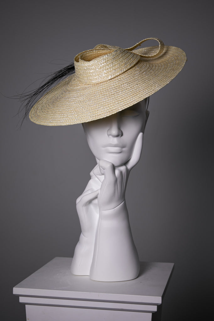 Straw Boater Hat with Feather Detail - Chloe - Hat hire - Race Day - Maggie Mowbray Millinery