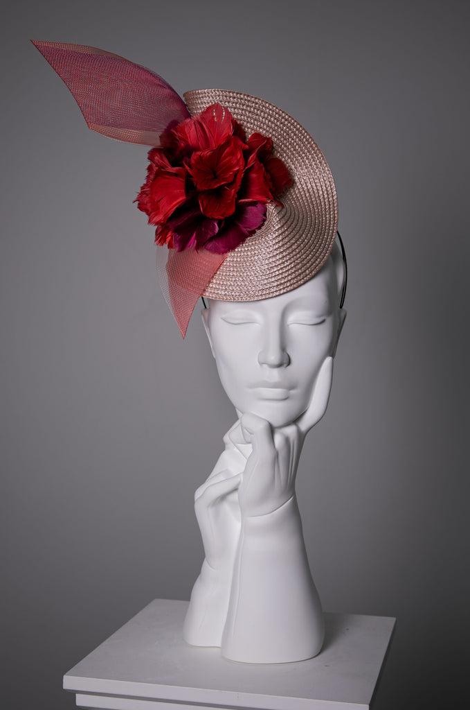 Straw Hat with Feather Flower - Ceri - hire - Race Day - Maggie Mowbray Millinery