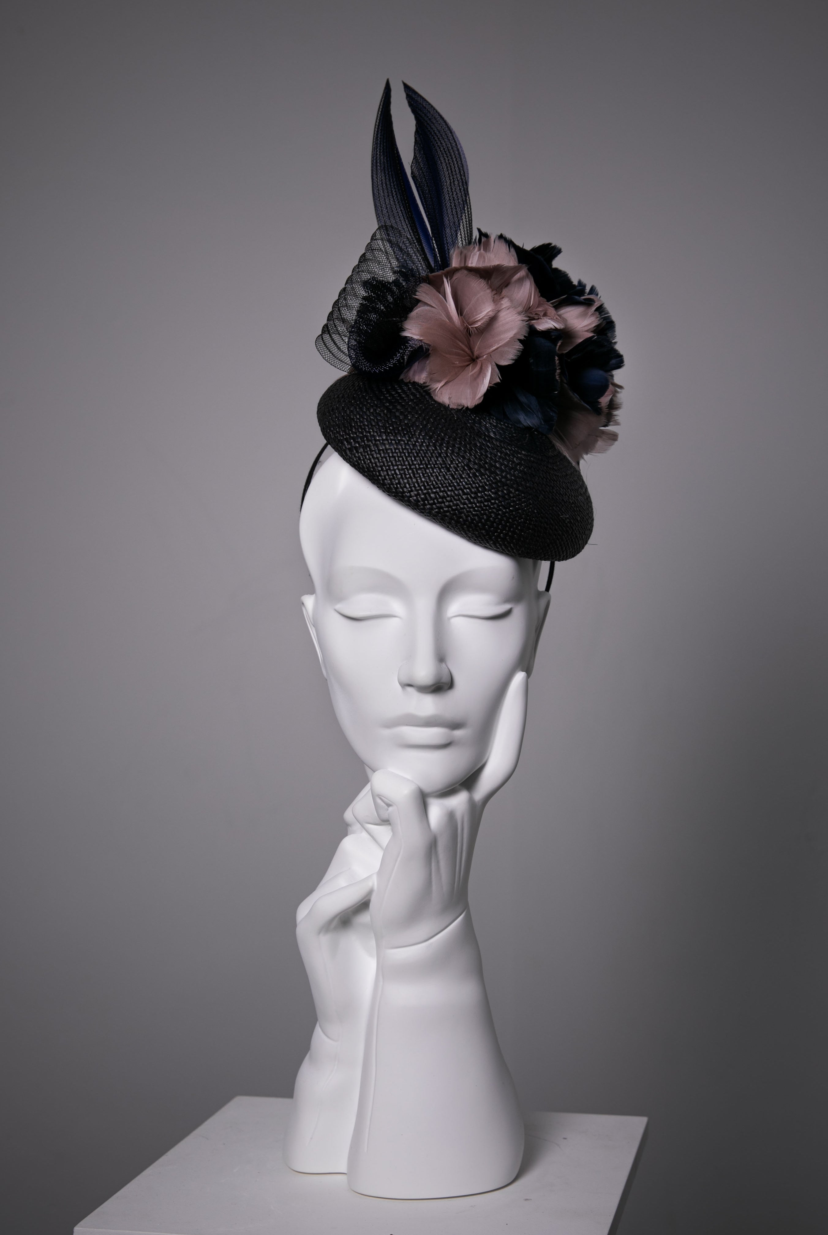 Cocktail Hat with Feather Flowers - Liv - Hat cocktail - hire - Maggie Mowbray Millinery