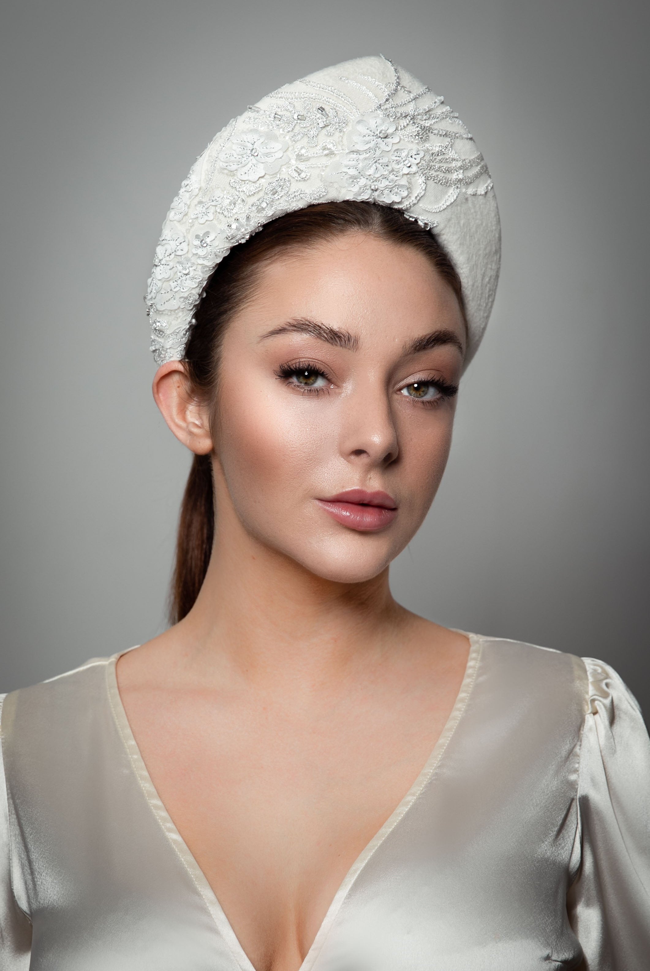 Bridal Headband with Lace Overlay - Evangeline - Maggie Mowbray Millinery