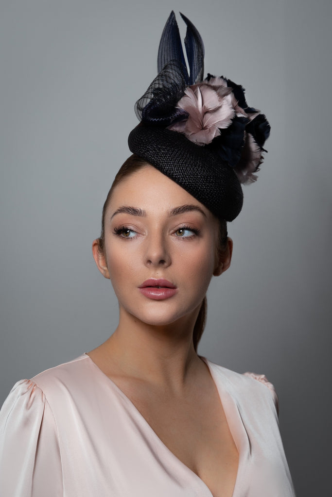 Cocktail Hat with Feather Flowers - Liv - Hat cocktail - hire - Maggie Mowbray Millinery