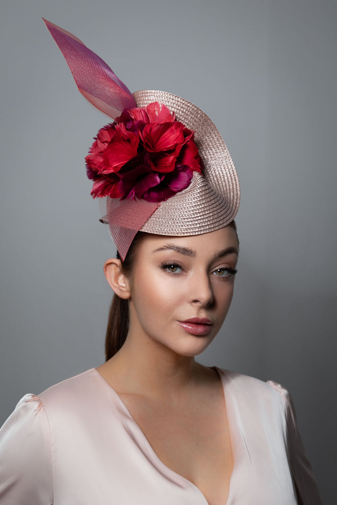 Straw Hat with Feather Flower - Ceri - hire - Race Day - Maggie Mowbray Millinery