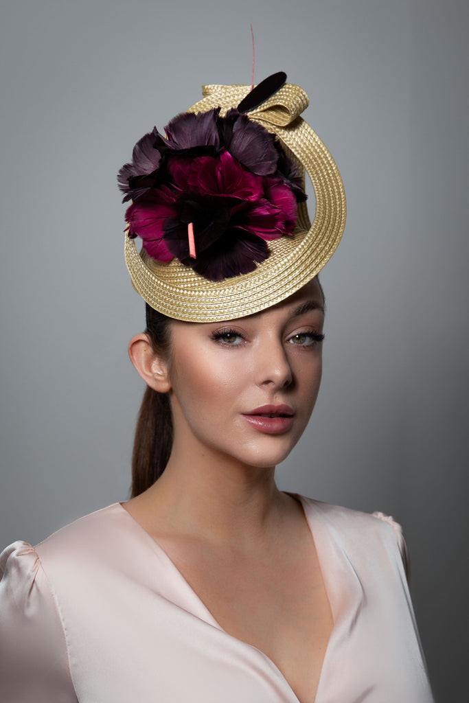 Straw Hat with Feather Flower - Mae - hire - Race Day - Maggie Mowbray Millinery